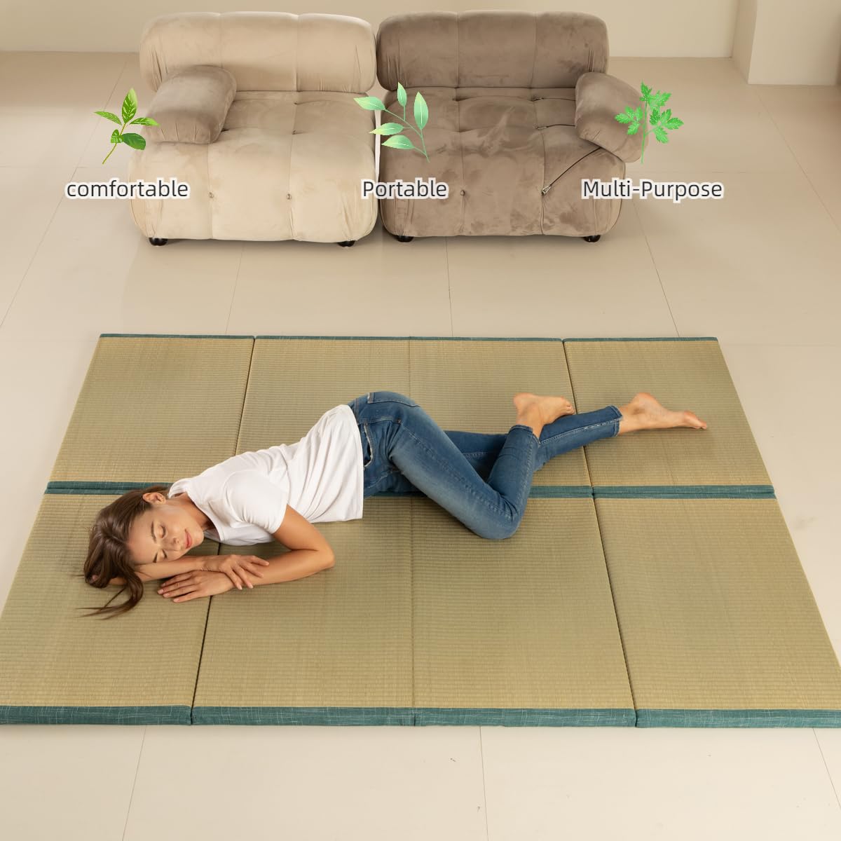 MustMat Japanese Floor Mattress Foldable Tatami Mats Folding Tatami Futon Mattress Rush Grass Floor Bed 35.4"x78.7"x1.2"(2 Piece Set)