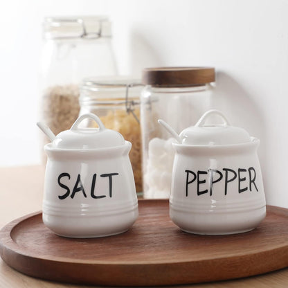 HAOTOP Salt and Pepper Bowls with Lid and Spoon - 12 oz Ceramic Cellar Set, Spice Box for Farmhouse Kitchen Decor