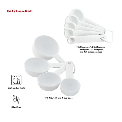 KitchenAid Universal Easy To Read Measuring Cup and Spoon Set with Soft Grip Handle for Maximum Control, Hang Hole and Nesting For Easy Storage, Dishwasher Safe, 9 Piece, White