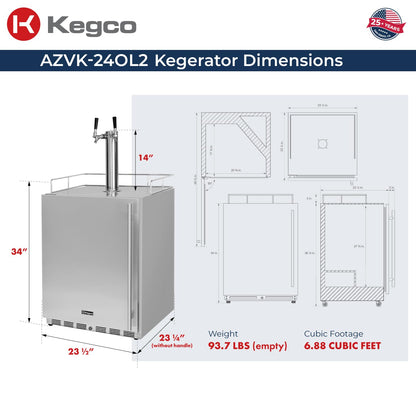 Kegco 24" Wide Outdoor Build-In Dual Tap Stainless Steel Left Hinge Kegerator with Dispense Kit