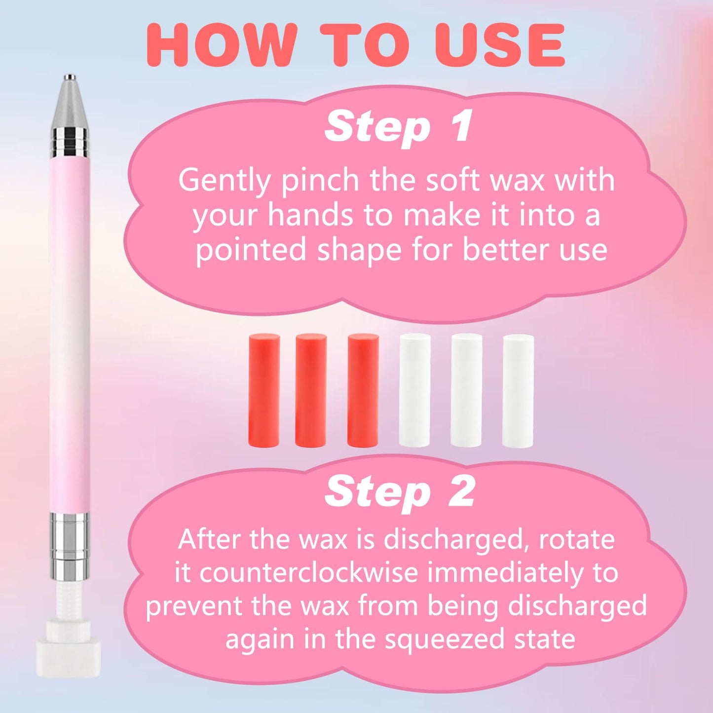 2 PCS Automatic Refillable Wax Pen for Diamond painting, Refillable Diamond Art Pen with 6 Refill Wax Pads, Wax Pen for Art Nail DIY Craft (Gradient Blue+Gradient Pink)