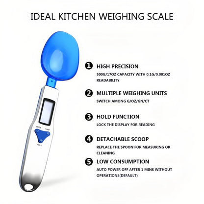 Yoidesu Digital Kitchen Scale, Electronic Gram Measuring Spoon, 500g/0.1g Blue Cute Digital Weight Scale Spoon with 3 Measuring Spoons for Portioning Milk, Tea, Flour, Spices, Medicine