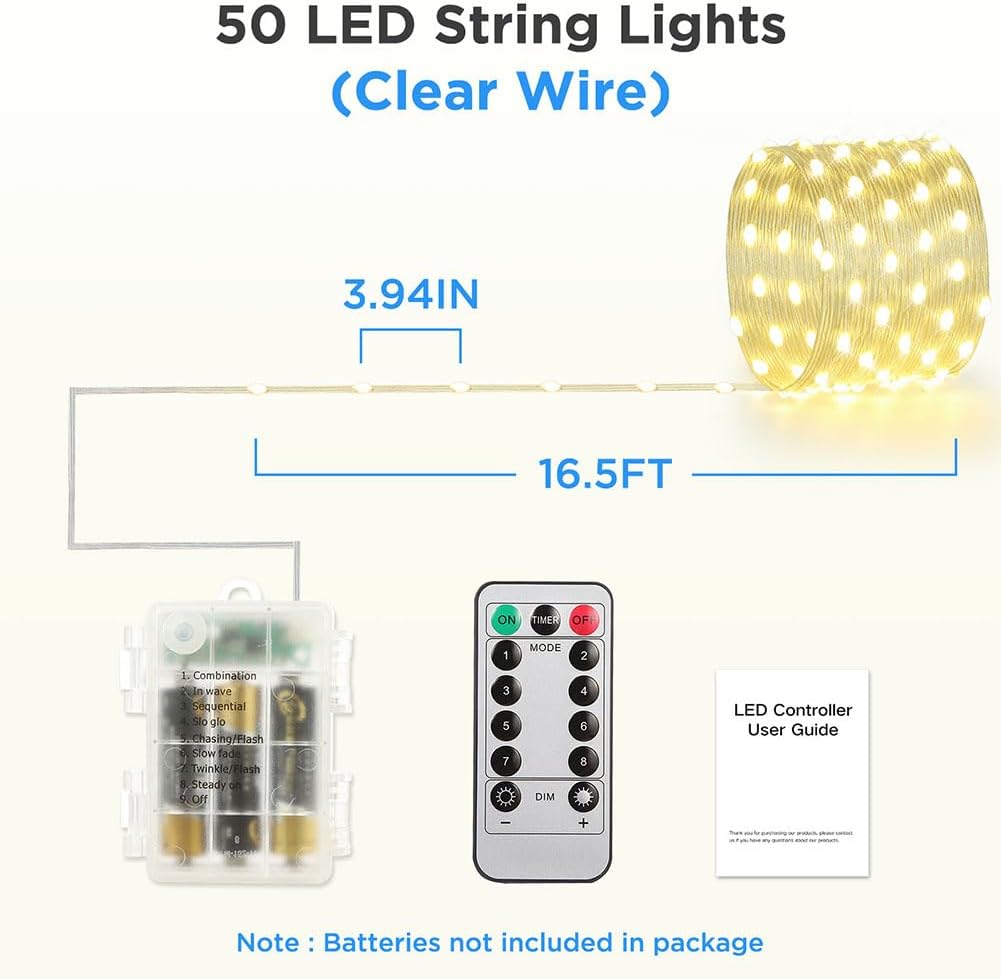 16.5ft (2 Pack), 50 Battery Operated String Lights LED Fairy String Lights Battery Powered with Remote & Timer
