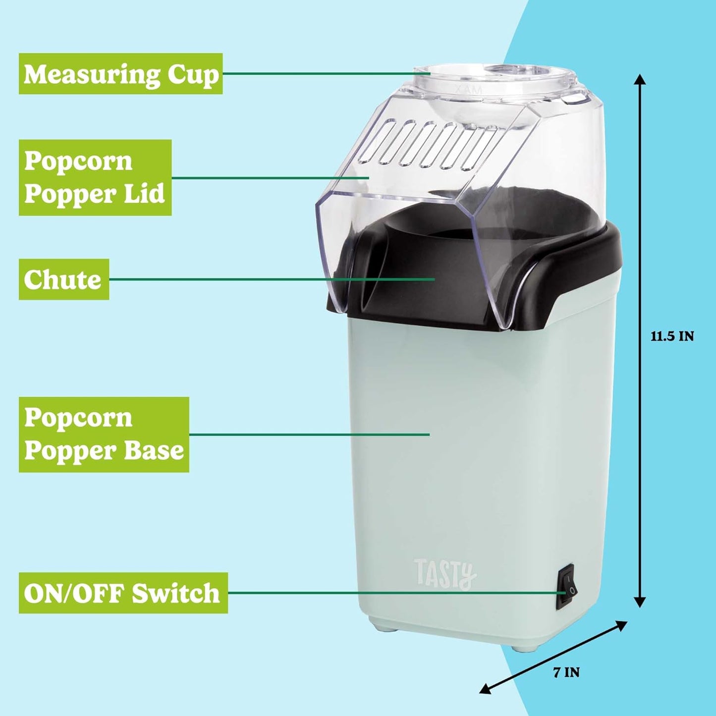 Tasty Hot Air Popcorn Popper, Healthy Popcorn in Minutes, Fast and Easy, Built-In Measuring Cup and Butter Warmer, 8