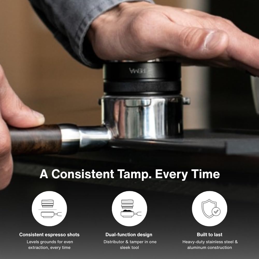 CREMA Coffee Products 53.3mm Hand Tamper & Coffee Distributor | Compatible with Breville Portafilters | Double-Sided, Adjustable Depth Tool | Made with Durable 304 Stainless Steel | Silver