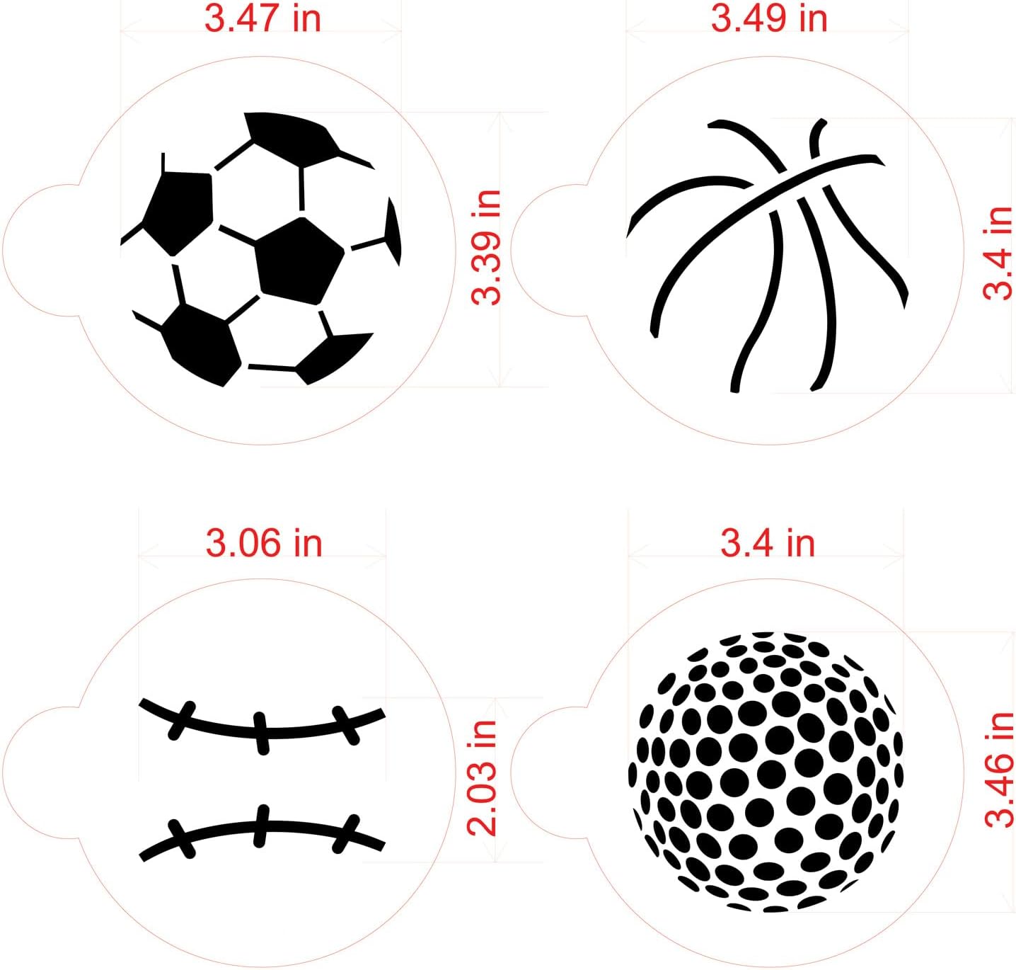 Designer Stencils Large Sports Ball Cookie Stencils, Basketball - Golf - Soccer - Baseball, Beige/semi-transparent