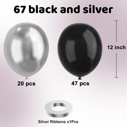 Skiennix 12-Inch Metallic Black & Silver Balloons - 67pcs for Birthday, Baby Shower & Wedding Decor