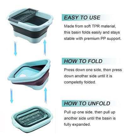 Hexurga 2.91 Gallon Collapsible Dish Basin with Drain Plug, Space Saving Outdoor Multiuse Foldable Sink Tub, Dishpan, 11L Portable Wash Basin for Vegetable Washing, Station Camping, RV(Green)