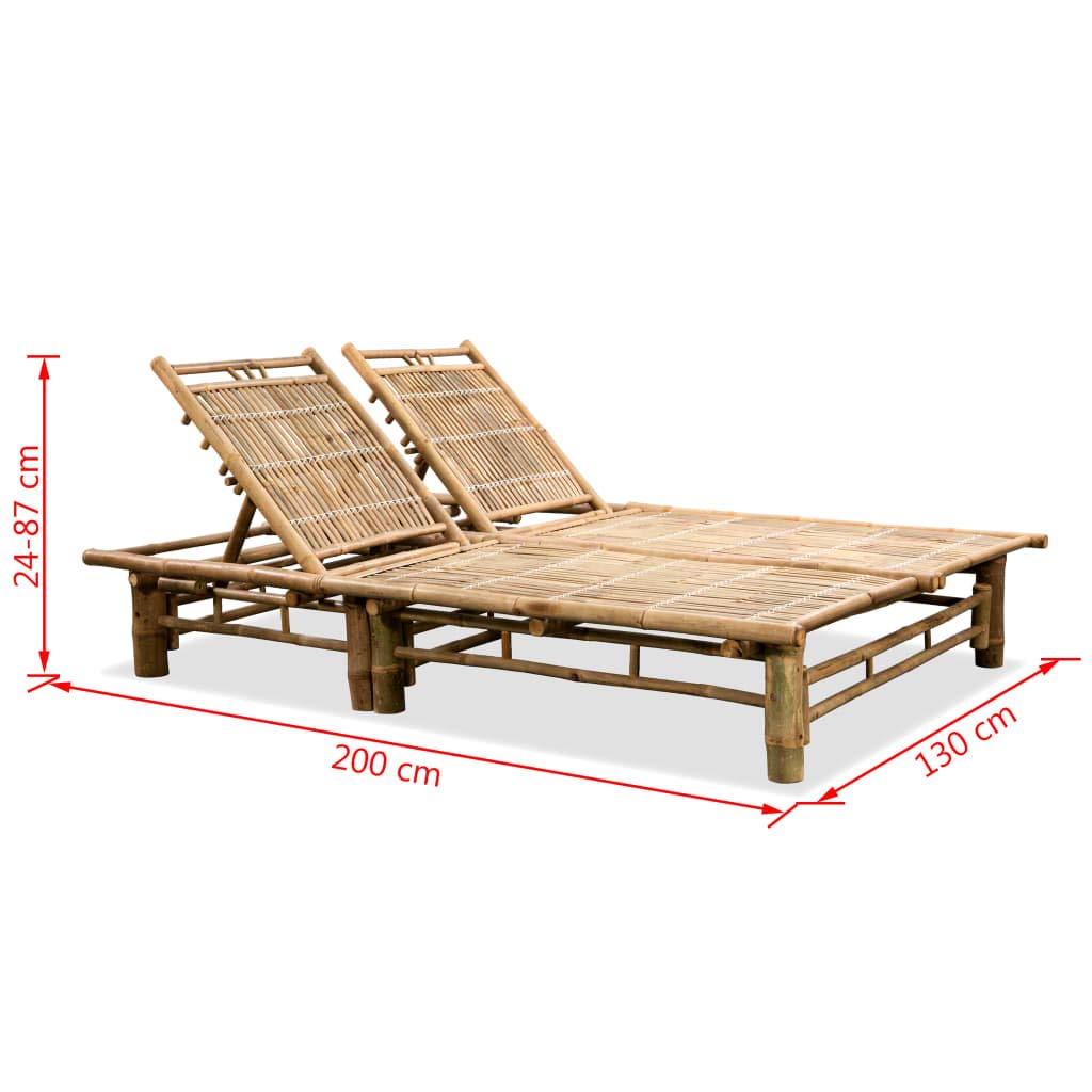 KTHLBRH Outdoor Bamboo Sunlounger for Two with Adjustable Backrest, Natural Bamboo Finish, Extra Large Solid Sun Lounger for Patio or Pool Area
