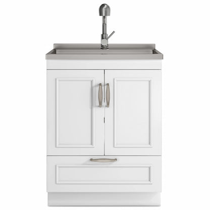 SIMPLIHOME Cardinal All-in-One 28 inch Wide Utility Sink and Laundry Cabinet in Pure White Finish, Transitional Stainless Steel Sink Cabinet for Laundry Rooms with Pull-Out Brushed Nickel Faucet
