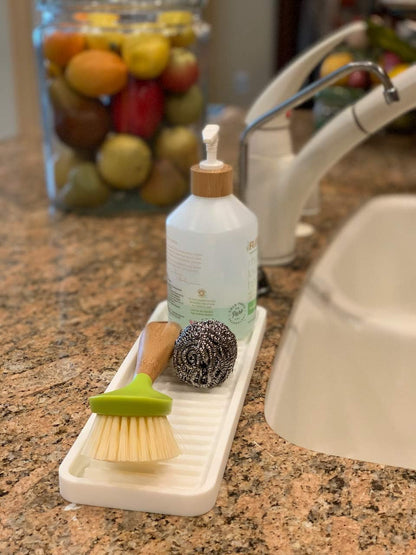 Happitasa Silicone Kitchen Sink Organizer Tray, Sponge Holder and Soap Dish, White, 12" x 4", Zigzag