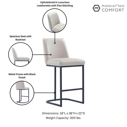 Manhattan Comfort Serena Modern Leatherette Upholstered Counter Stool | Sturdy Metal Frame with Matte Black Finish | High-Density Foam Padding | Elegant Design for Bar and Kitchen, Light Grey