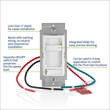 Leviton SureSlide Ceiling Fan Wall Switch, Quiet 3-Speed Fan Control, 1.5 Amps, 661F-10T, Light Almond