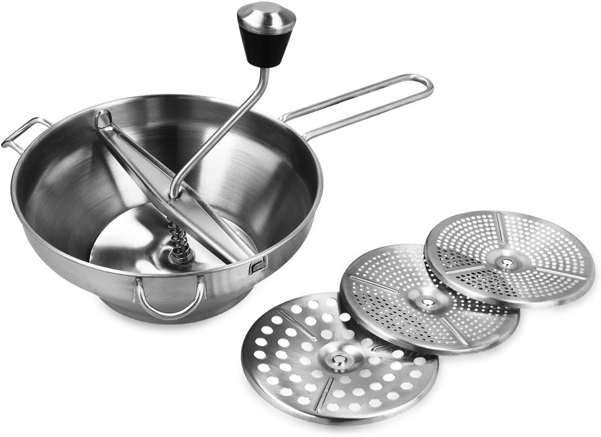 Navaris Food Mill, 8.1" Stainless Steel Rotary with Hand Crank and 3 Grinding Discs for Tomato Sauce, Mashed Potatoes
