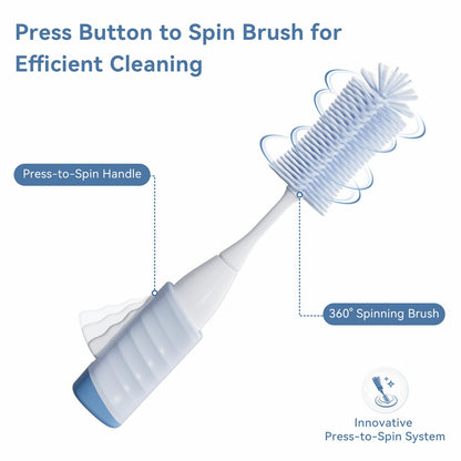 Swishine Baby Bottle Brush Set, Innovative Efficient Press-to-Spin Brush Cleaner - Includes Silicone Bottle Brush, Nipple Brush, Straw Cleaner - Spinning Generates Rich Foam for Deep Cleaning, Blue