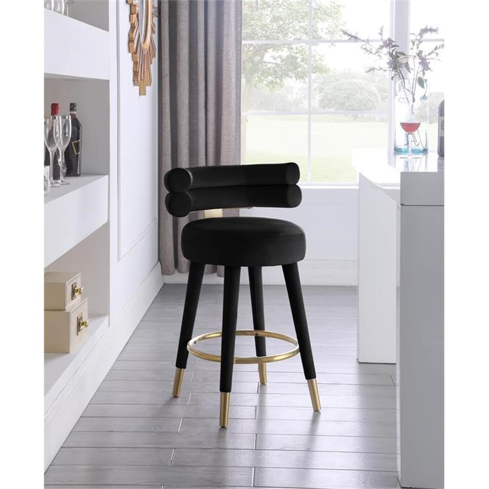Meridian Furniture 798Black-C Fitzroy Collection Modern | Contemporary Velvet Upholstered Counter Stool with Deep Channel Tufted Back and Gold Metal Capped Legs, Black, 25" W x 21" D x 35" H, Set of 2