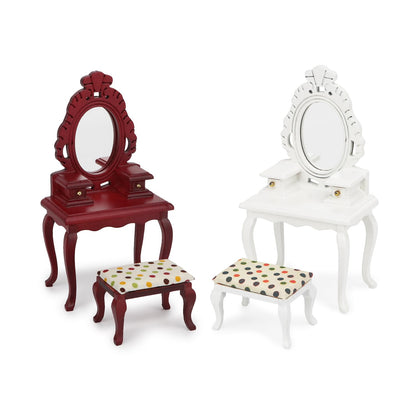 Dollhouse Makeup Vanity with Mirror & Stool 1/12 Miniature Makeup Furniture Set, Wooden Dressing Table Bedroom Dresser Table Doll House Toilet Table Accessorie (Red)