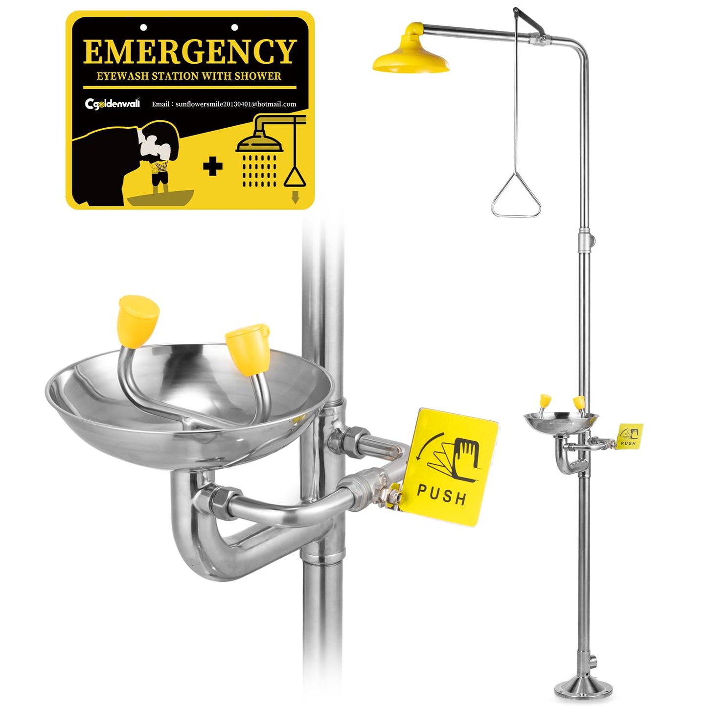 CGOLDENWALL Emergency Shower Eye Wash Station Combination Eye Wash Station with Shower Safty Shower, NPT Thread, with Emergency Sign, 304 Stainless Steel Bowl