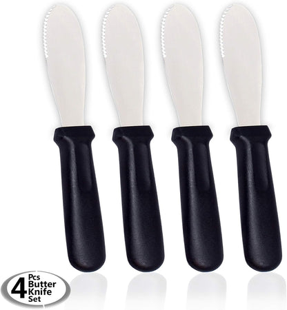 AnapoliZ 4 PCS Butter Spreader Knives, Wide Blade Stainless Steel Spreader Knife with Black Plastic Handle, Sandwich