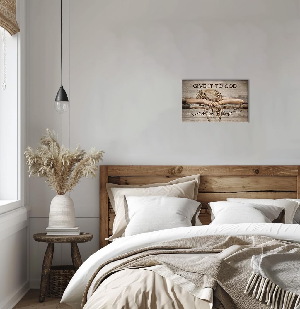 Farmhouse Bedroom Wall Art Decor, Give It to God and Go to Sleep Sign Quotes for Living Room