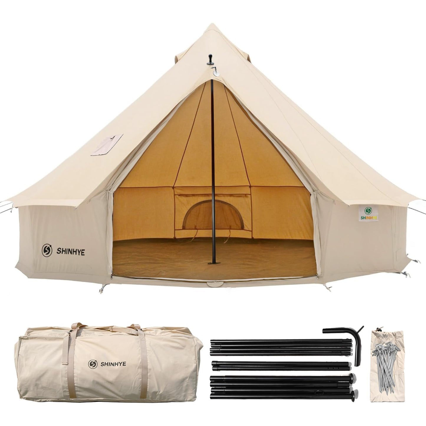 ShinHye Canvas Bell Tent Yurt Tent 4 Seasons for Camping 100% Cotton Glamping Tents with Stove Jack, Family Camping Outdoor Hunting Party (4M- 13.1FT)