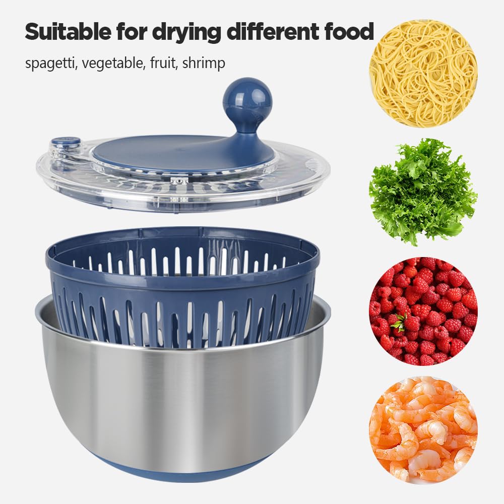 Stainless Steel Salad Spinner, 5.3 Qt Lettuce Spinner with Non-Slip Base, Drain and Stop Button, Fruit and Vegetable Washer and Dryer Spinner