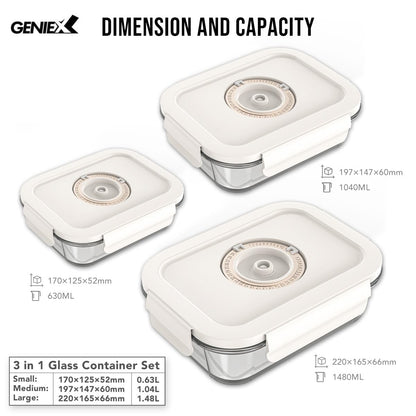 GENIEX Glass Vacuum Seal Containers for Food Storage 3pcs set [Small + Medium + Large] | Work with Handheld Vacuum Sealer Machine