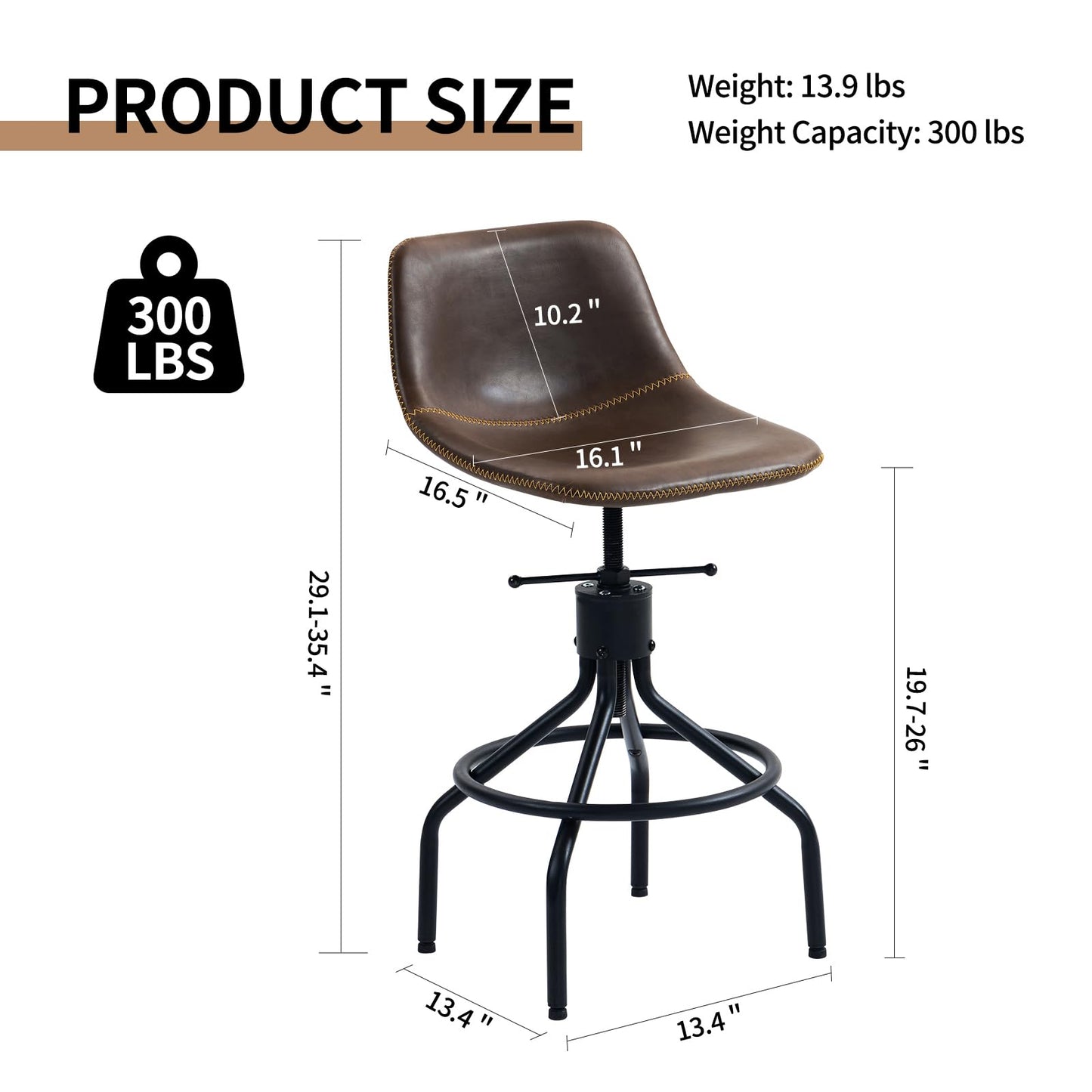 CHIDOCHILO Bar Stools Set of 3, Adjustable Armless Kitchen Island Barstools with Back 26 Inch Swivel Faux Leather Industrial Counter Height Bar Chairs for Dining Room Home Bar D087-Brown-3