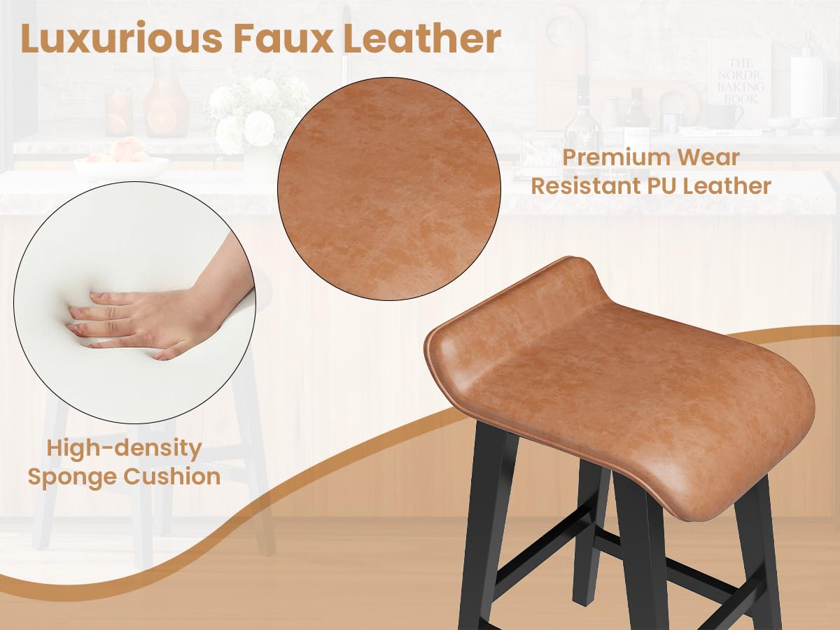 GarveeHome 26.2" Bar Stools Set of 4, Modern Upholstered Kitchen Stools with Low Back and Footrest, Counter Height Bar Stools with Wood Legs, for Kitchen Counter, Dining Room, Brown