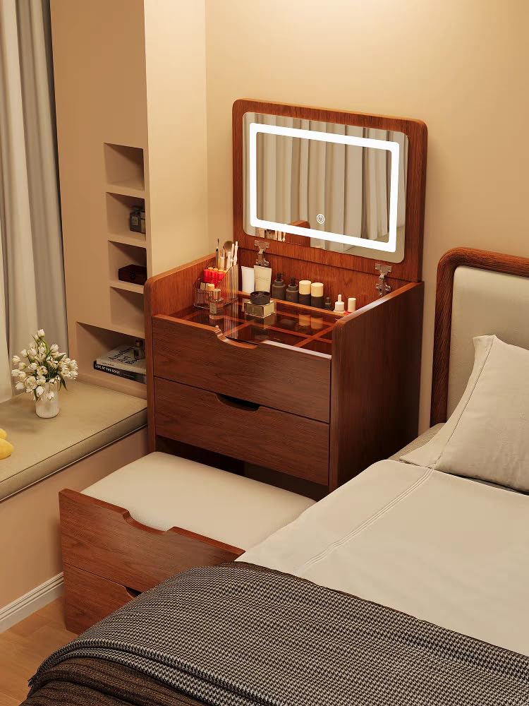 KEIKI Vanity Desk with Plip Top Mirror, 3 in 1 Make Up Vanity Set with 3 Drawers, Dressing Table with Stool for Bedroom, Walnut