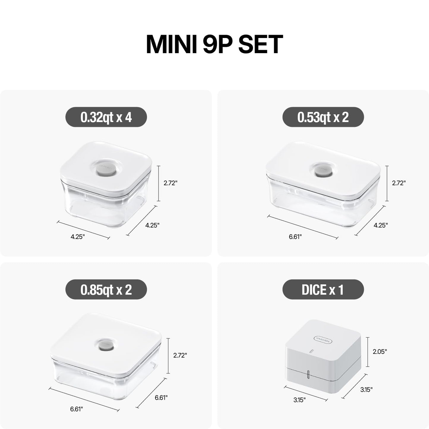 VAKUEN Premium Airtight Food Storage Containers, Mini 9P/SET include Vacuum Sealer, Smart One-Click Seal Lid, No Hinges, 100% Leak Proof, BPA-FREE, Dishwasher, Freezer & Microwave Safe