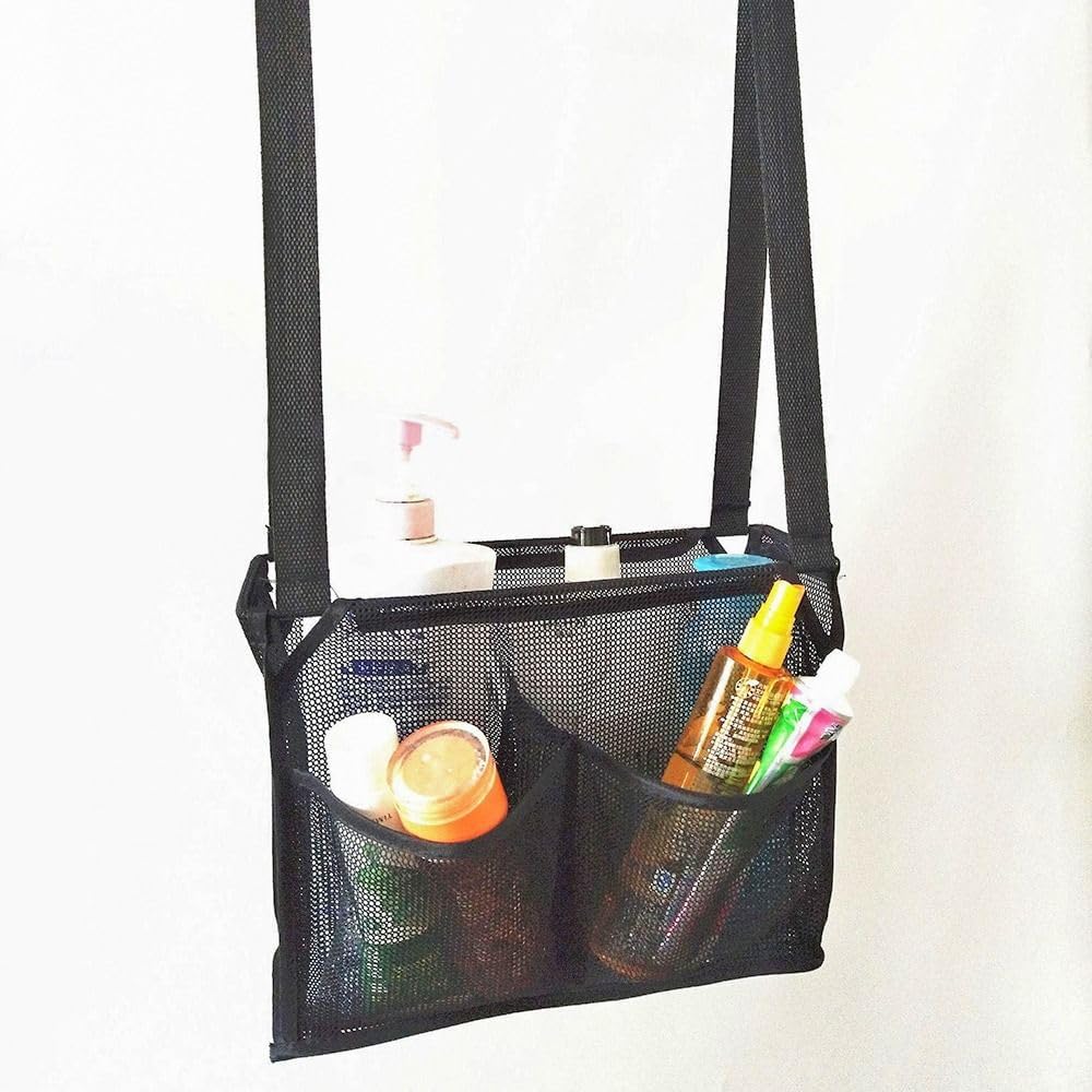 Portable Hanging Mesh Bag with 2 Hooks, Shower Organizer with 4 Storage Pockets for Bathroom and College Dorm