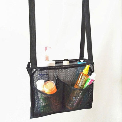 Portable Hanging Mesh Bag with 2 Hooks, Shower Organizer with 4 Storage Pockets for Bathroom and College Dorm