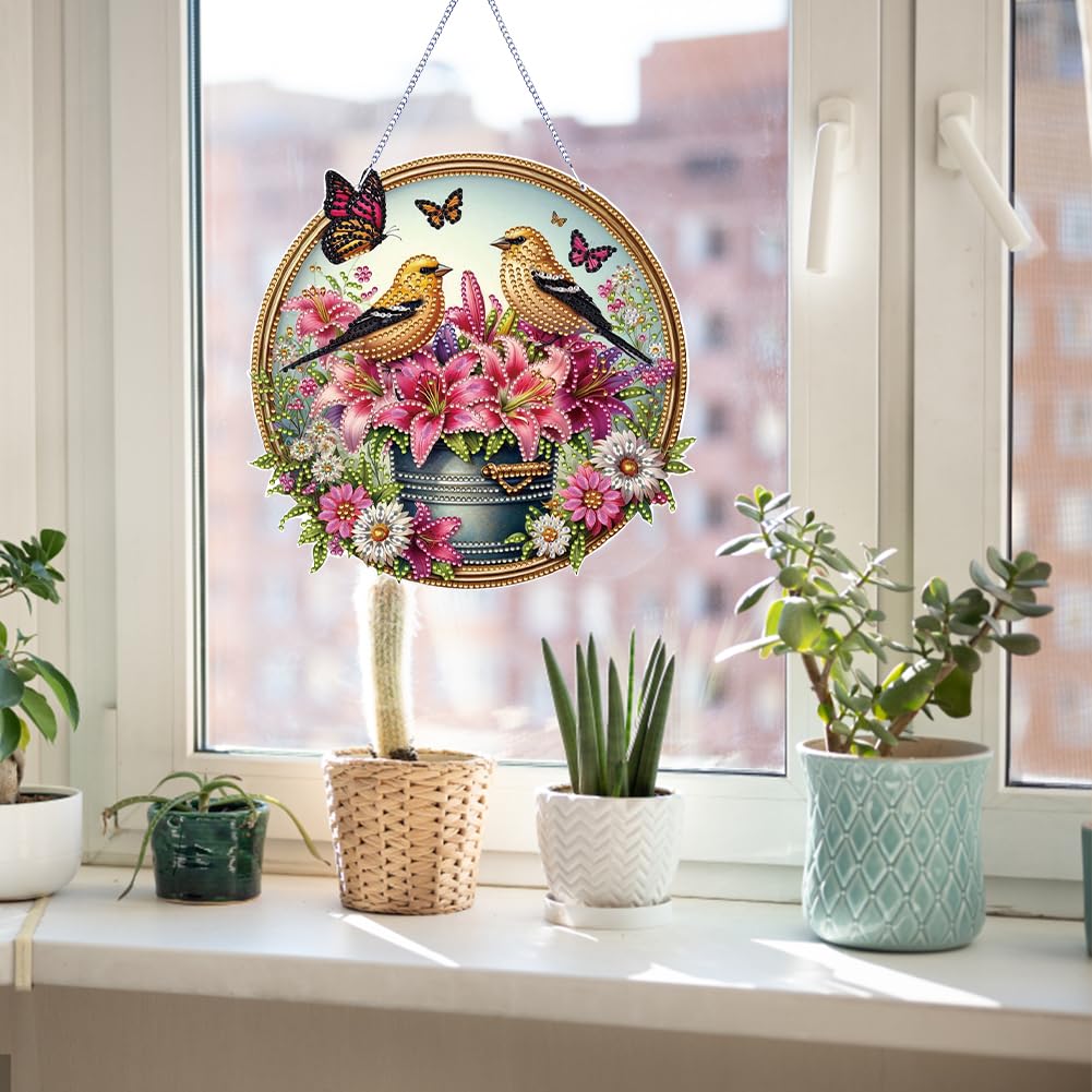 C‘eitura 5D DIY Diamond Painting Hanging Ornament Flower & Bird Sun Catcher, Double Sided Diamond Art Craft Kit for Home Wall Window Decor, Creative Relaxing Gift for Adults & Teens