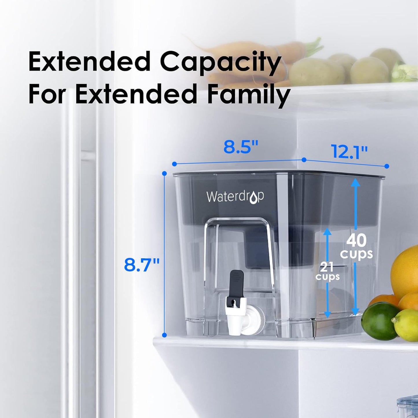Waterdrop WFD-22L Large Water Filter Dispenser, 40-Cup Water Filter Pitcher, 200-Gallon Long-Life, Reduces Chlorine, PFOA/PFOS and More, BPA Free, Black