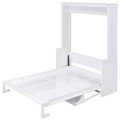 Merax Upgrade Queen Size Murphy Bed Space-Saving Wooden Wall Bedframe with a Shelf for Guest Room,Home Office,White