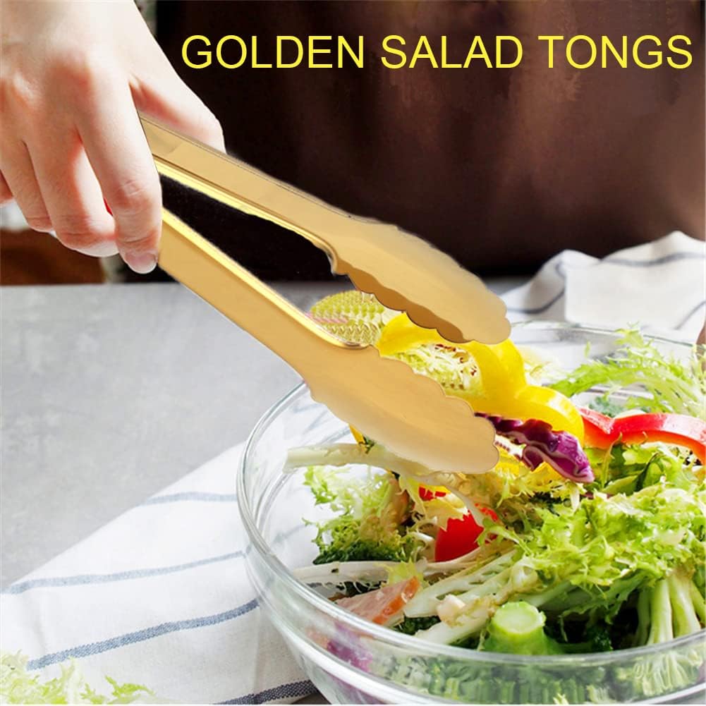 IAXSEE 2 Pack Gold Serving Tongs Gold Serving Utensils Salad Tongs Buffet Tongs Non-slip & Easy Grip Stainless Steel Gold Plated Buffet Serving Tongs, Salad, Ice, Oven (9.5 Inch) (Gold)