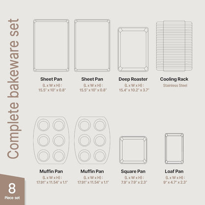 BAKKEN 8-Piece Nonstick Baking Pans Set | Professional Grade Carbon Steel with Gray Marble Coating - Oven & Dishwasher Safe