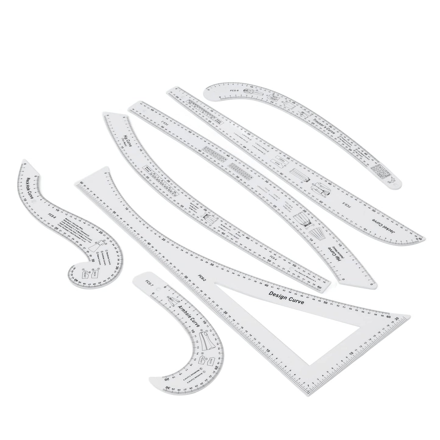 French Curve Ruler Set 7Pcs Acrylic Clear Sewing Ruler Tailor Kit for Dress Making