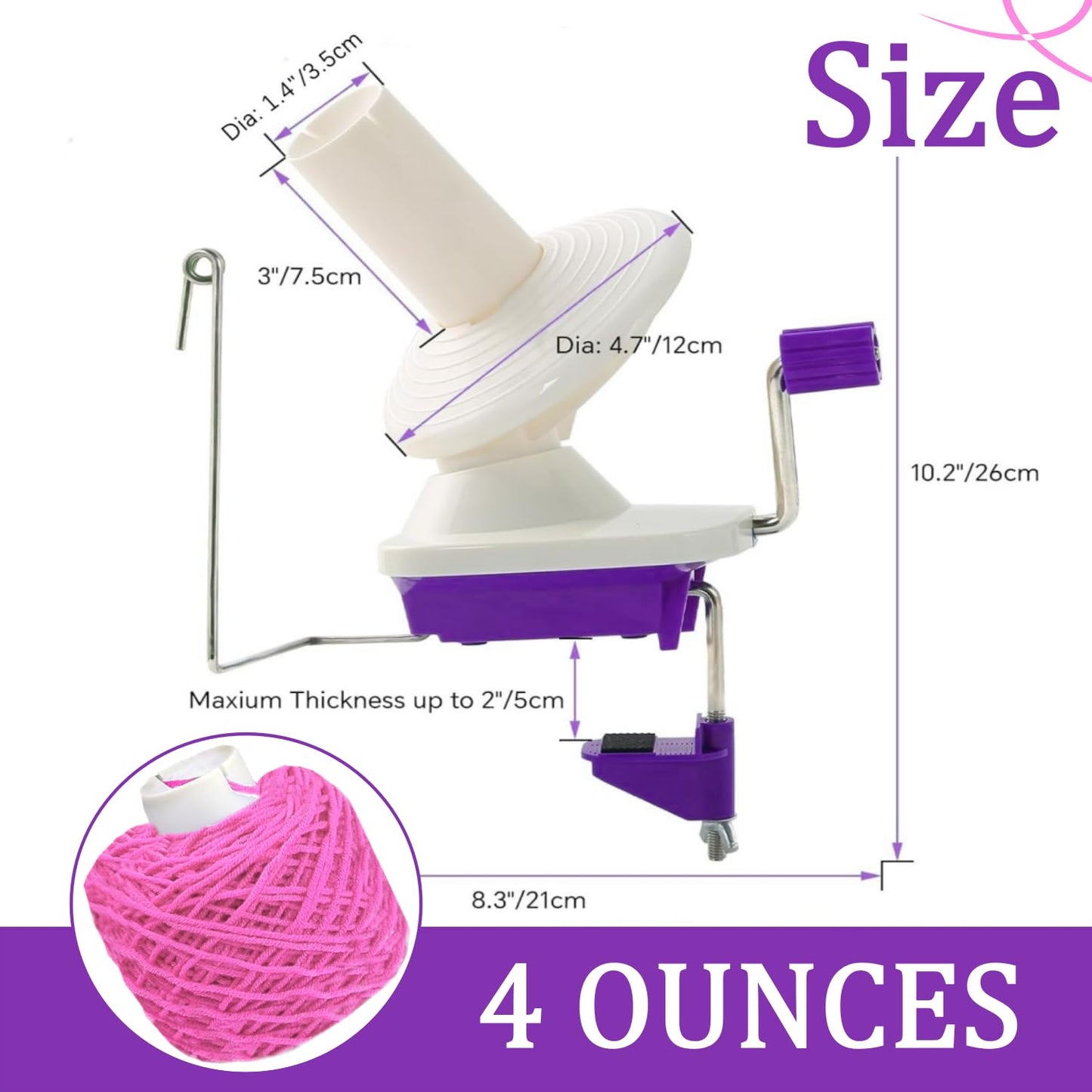 Yarn Ball Winder for Crocheting Knitting, Sturdy Metal Handle Tabletop Yarn Winder with 4 Size Pom Pom Makers Scissors, Low Noise