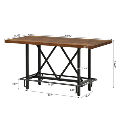 Tribesigns Bar Table, Industrial Counter Height Pub Table with Metal Footrest, 63-Inch Rectangle Wood Kitchen Dining Table with Sturdy Metal Frame for Dining Room, Home Bar (Brown)