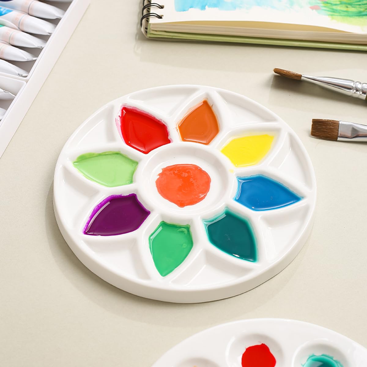 17-Well Paint Palette Porcelain Paint Palette Ceramic Tray Artist Watercolor Mixing Palette for Acrylic Oil Painting, Watercolor, Gouache Painting, Round