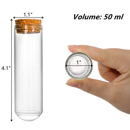 Frcctre 48 Pack 50ml Glass Test Tubes with Cork Stoppers, 30x100mm Clear Round Bottom Glass Test Tubes for Bath Salt Candy Storage Science Lab Party Plant Propagation Container