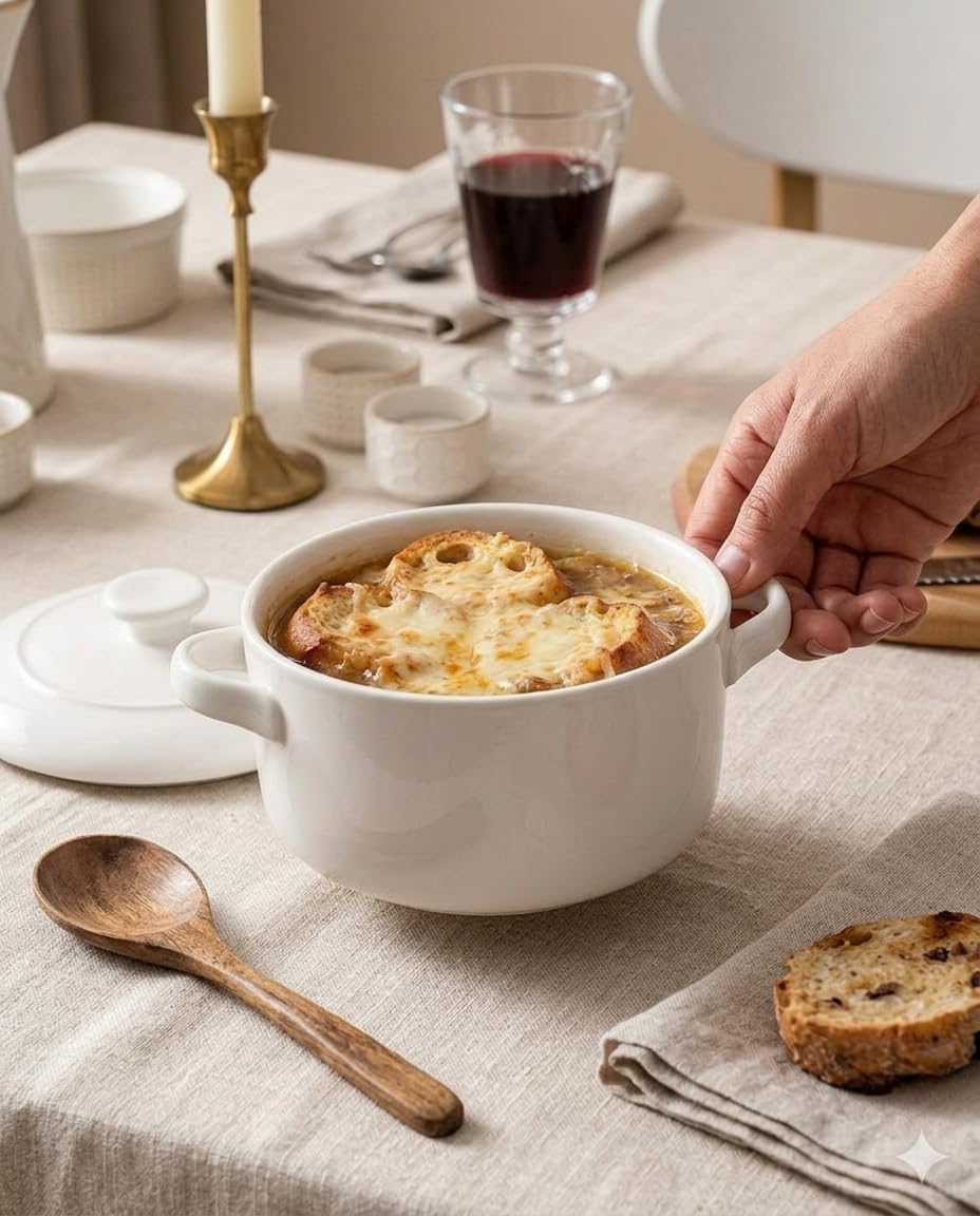 DELLING 28 Oz Soup Bowls with Handles and Lids Set of 4, Ceramic French Onion Soup Crocks Oven Safe - Large Soup Mugs for Chili Beef Stew Cereal Pot Pie, Microwave Safe, White