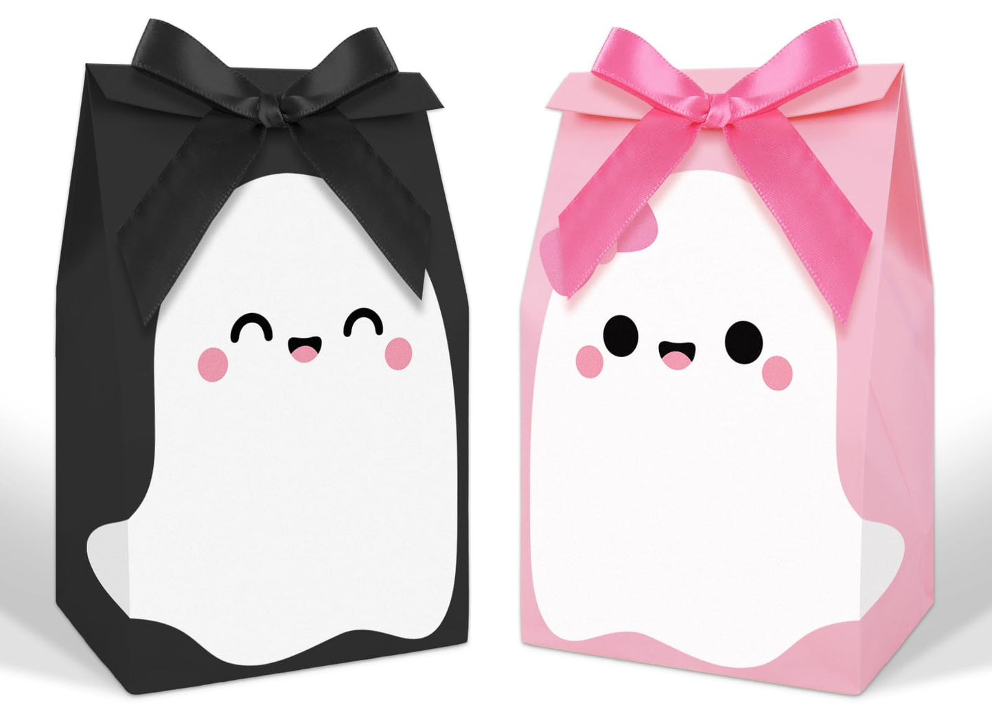 JarThenaAMCS 24Pcs Halloween Party Favor Bags Little Boo Ghost Paper Gift Bags with Black Pink Ribbon Bows Candy Goodie Treat Bag for Birthday Baby Shower Party Supplies