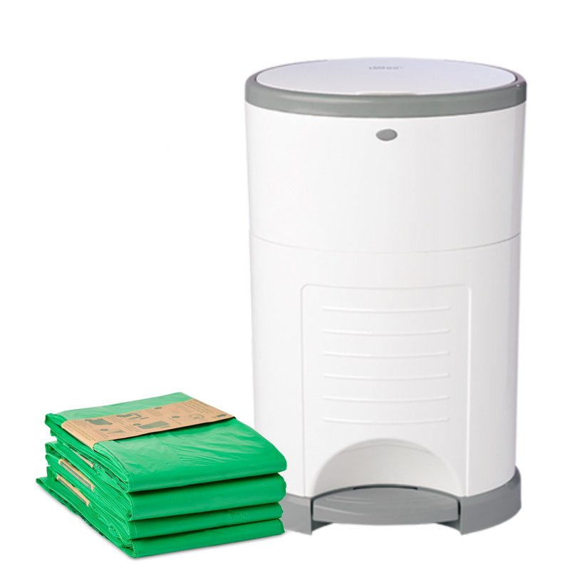 Diaper Dekor EKO Plus Diaper Pail Gift Set, White | ONLY Eco-Friendly Diaper Pail Made with 70% Recycled Materials | Comes with up to a Year's Supply Worth of Diaper Dekor Refills!