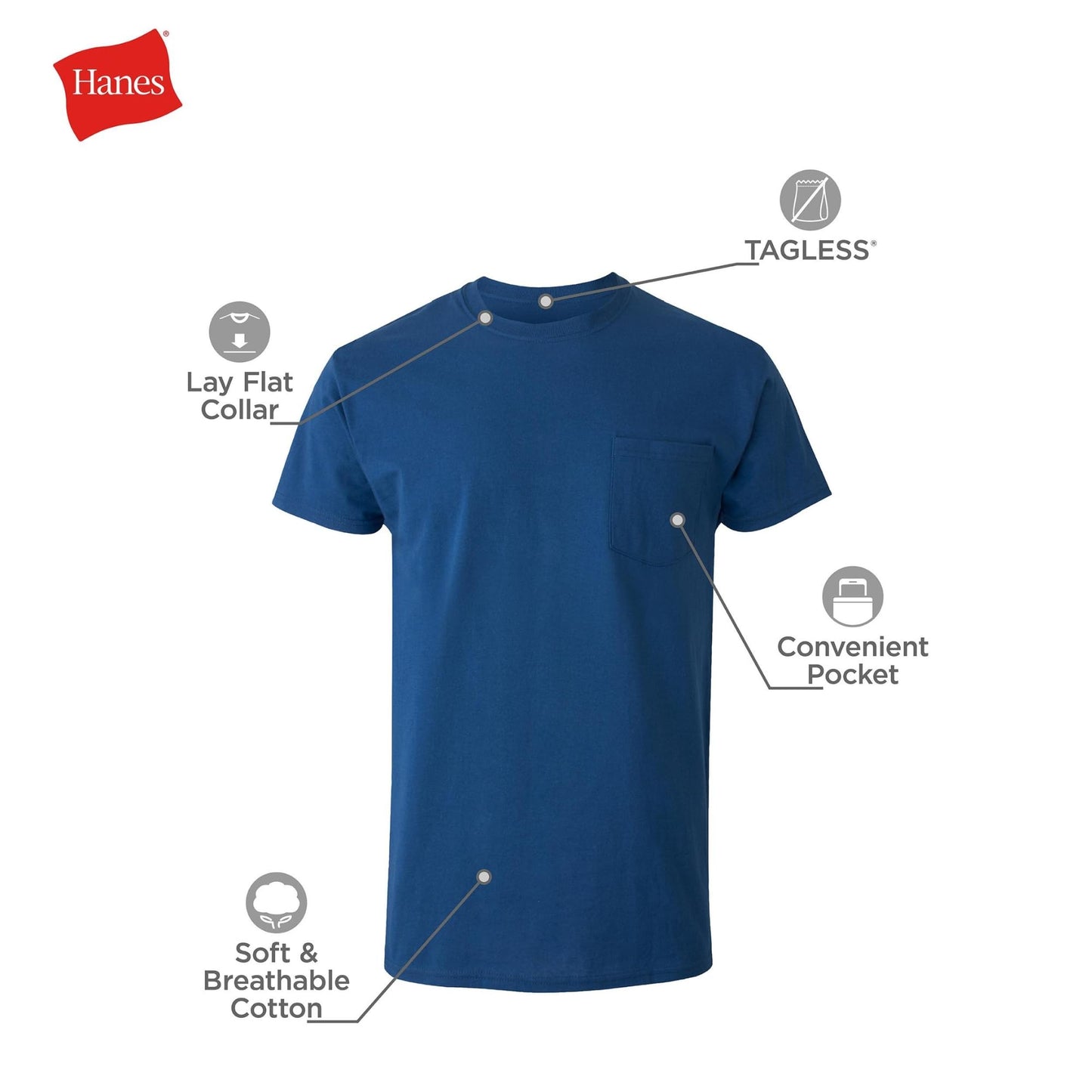 Hanes Men's T-Shirt, Moisture-Wicking Cotton Crewneck Pocket Tees, 6-Pack, Grey Heather, Black, Hiker Green, White, Navy, Blue