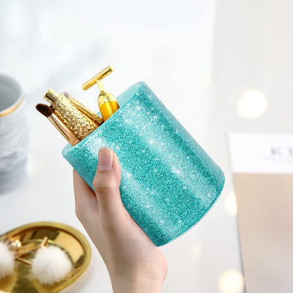 WAVEYU Glitter Pen Holder Pencil Organizer, Cute Pencil Cup Desk Decor, Decorative Makeup Brush Holder Large, Leather Multi-Functional Organizer Cup for Office, Home, Classroom, Blue+Green