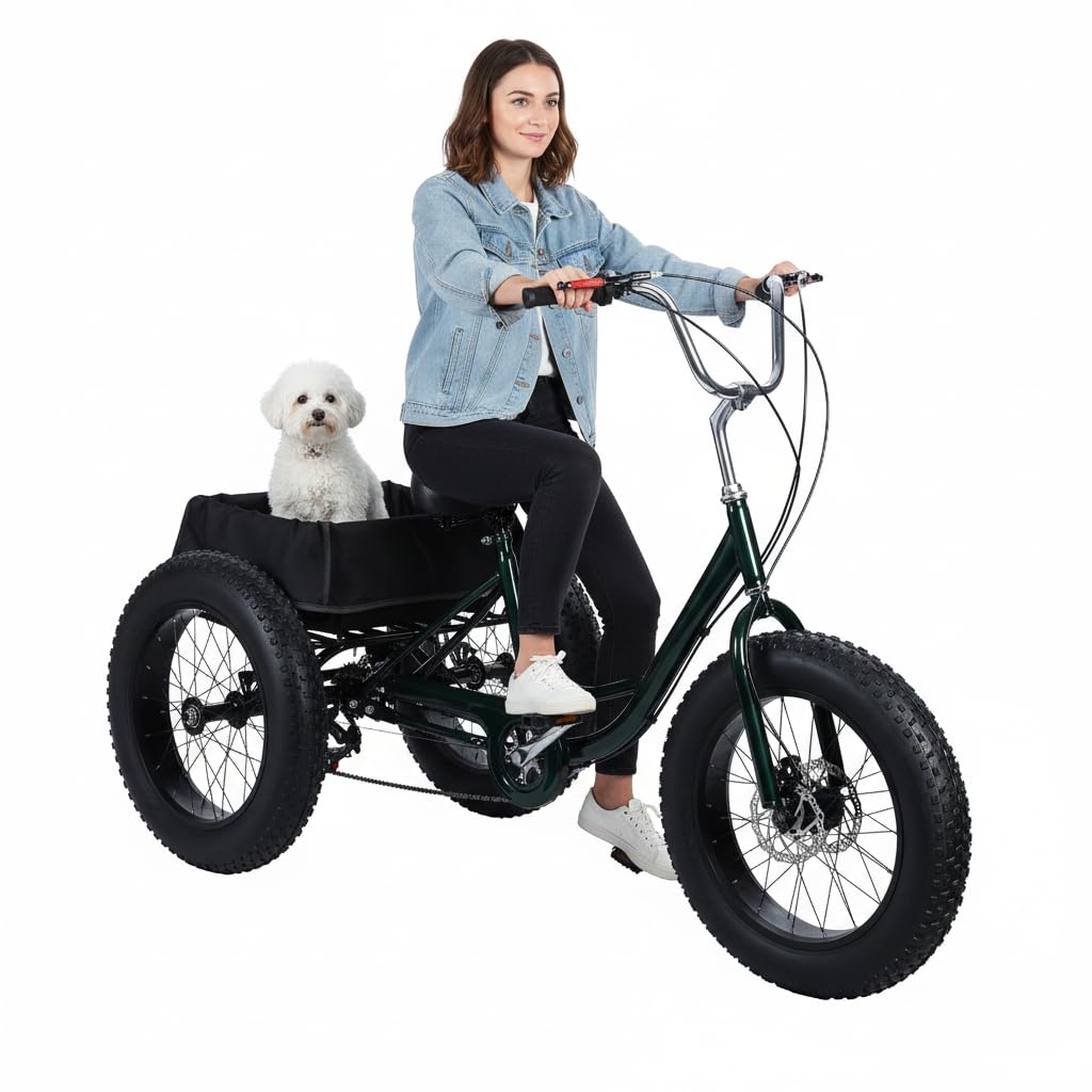 Fat Tire Tricycle, Adult 7-Speed Trike with 4-Inch Tires, Adjustable Seat & 450 lbs Weight Capacity, Large Shopping Basket with Waterproof Bag, 2 Disc Brakes for Gravel & Snow Roads Black 68"*34"