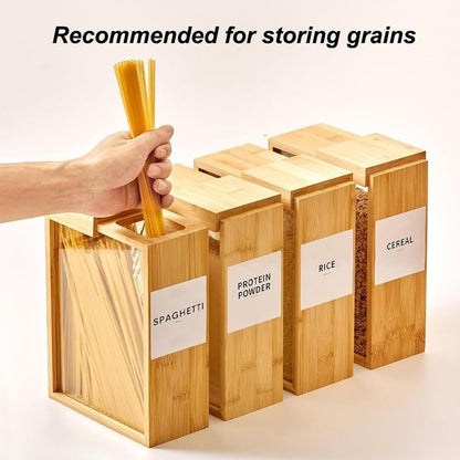 Pniotra Cereal Containers Storage Dispenser for Panty, Kitchen Organization Bamboo Food Storage Container with Lables for Rice, Snack, Tea, Dry Food, Pasta (1 Pack)